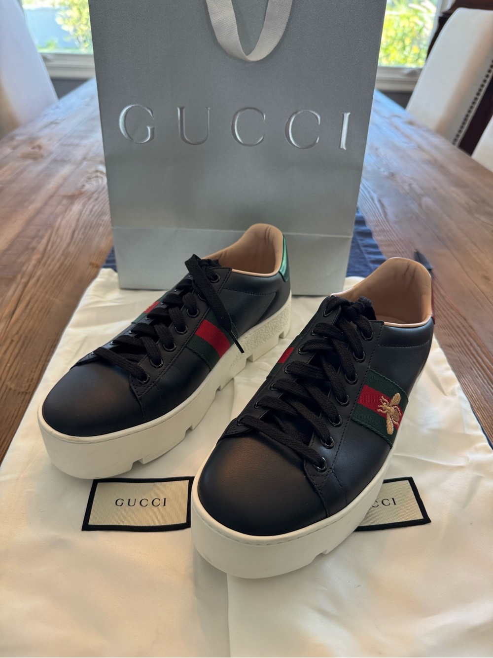 Gucci Black Leather Ace Bee Platform Sneaker Size 39 - Picture 2 of 8